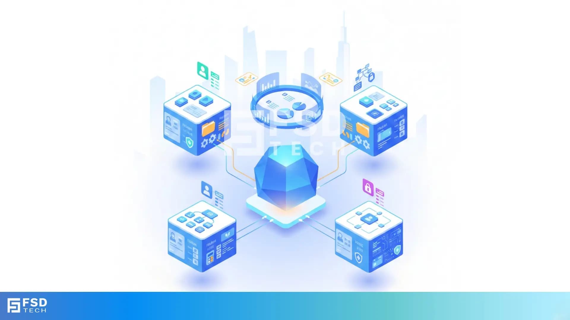 Illustration depicting a structured ClickUp workspace architecture with multiple departments connected to a central system, highlighting scalable workflows, data visibility, security controls, and cross-team collaboration
