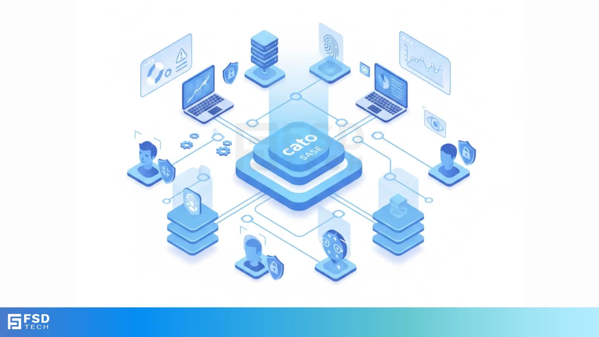 Isometric blue-toned illustration showing the Cato SASE platform at the center of a secure network, connected to laptops, servers, user identities, access controls, and security analytics, representing unified cloud security and protected connectivity across all endpoints.