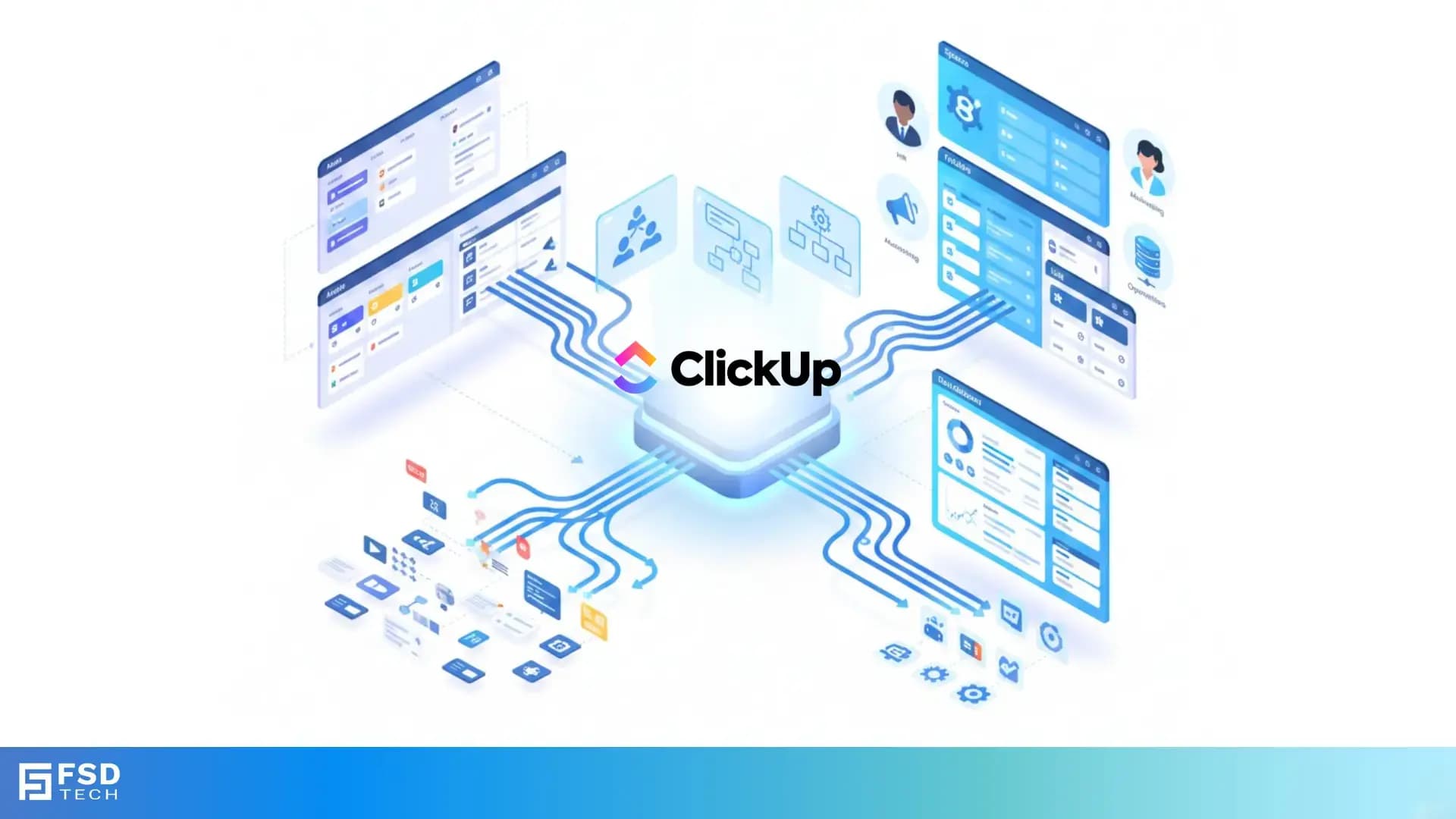 Isometric illustration showing ClickUp as a central hub integrating tasks, workflows, users, and project data from multiple systems during migration.