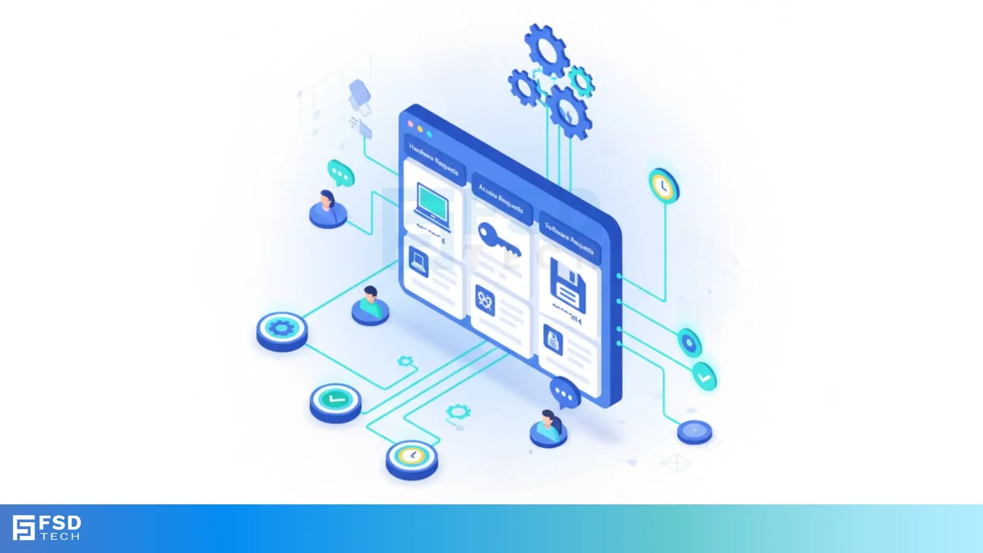3D isometric illustration depicting a digital dashboard labeled “Hardware Requests,” “Access Requests,” and “Software Requests,” connected to icons for automation, approvals, and analytics. Surrounding user avatars symbolize IT staff and employees collaborating via ClickUp. The image visualizes a centralized IT management hub with interconnected data pipelines and blue gradient tones, branded with FSD Tech.