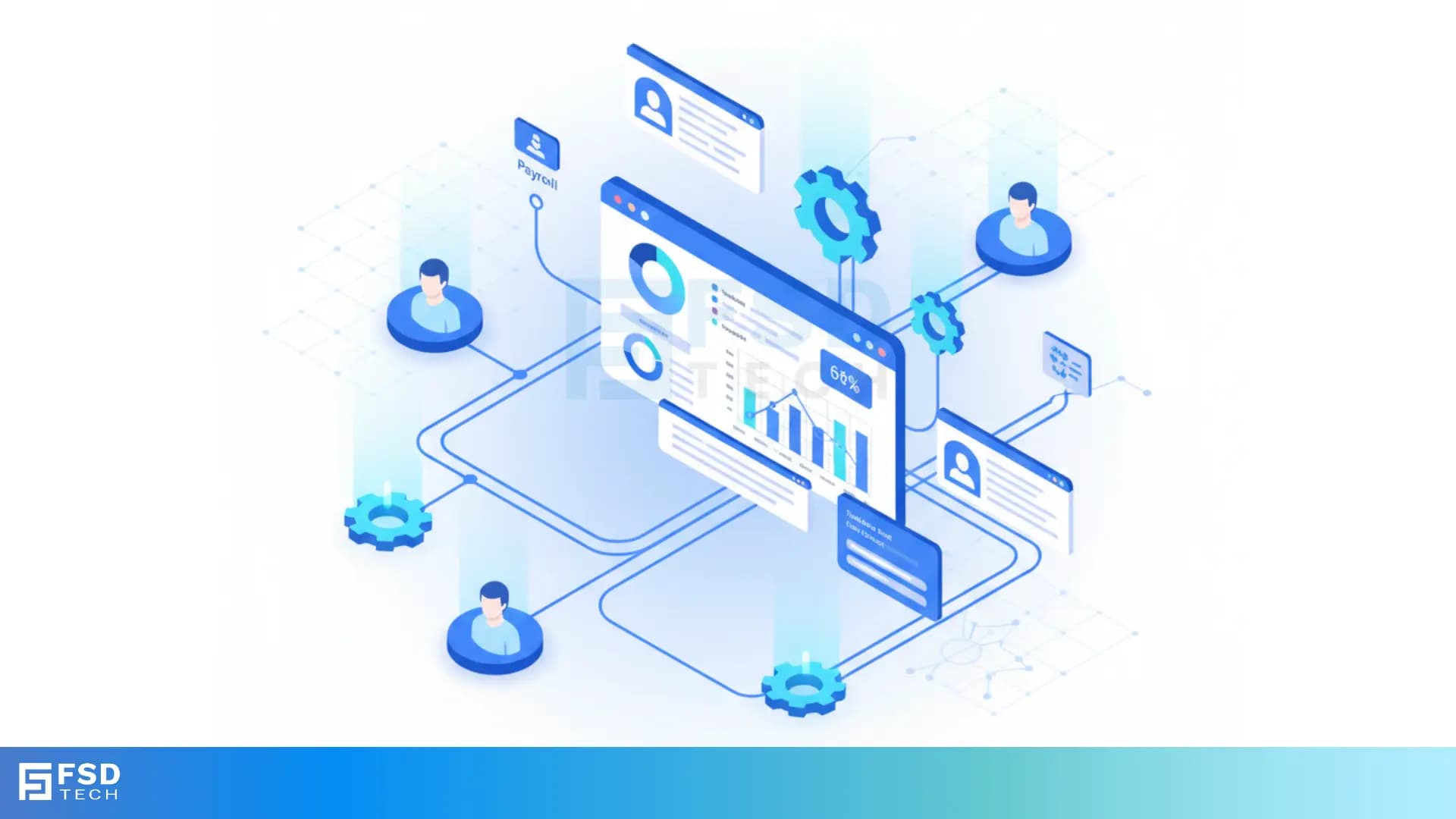 FSD Tech 3D illustration showing Zeta HRMS cost analysis system. Central dashboard connects HR profiles, payroll, and analytics charts through digital gears, representing real-time workforce cost tracking and data integration.