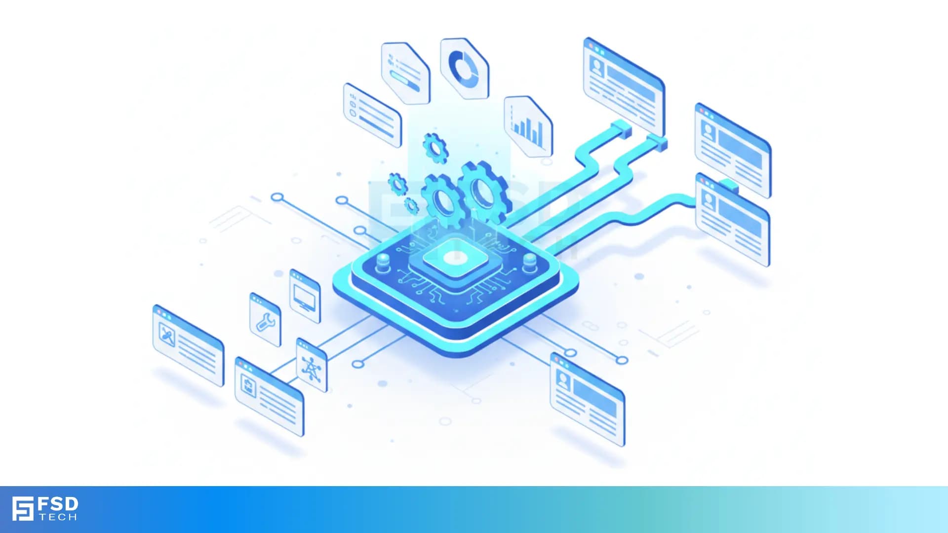 3D isometric blue-toned illustration showing automated IT ticket routing in Atera. Central processing chip connects to multiple user profiles, dashboards, and settings icons, symbolizing automated categorization, workflow efficiency, and integrated ticket management by FSD Tech