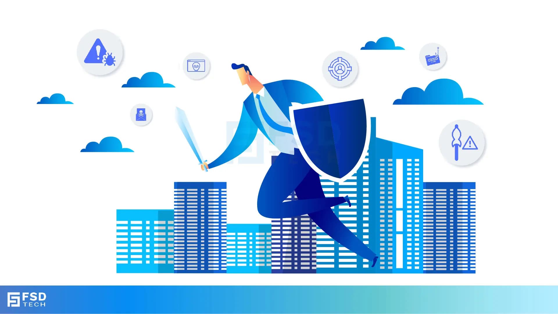 Illustration of a businessman with shield and sword protecting enterprises from cyber threats, symbolizing zero-day defense and security.
