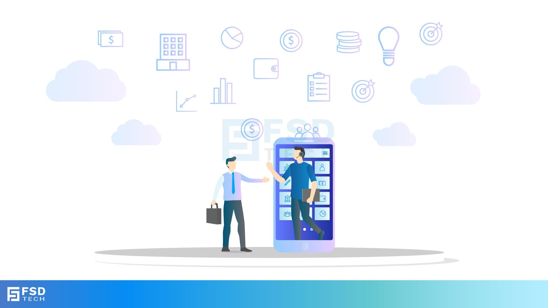 Businessman and IT agent connect via mobile device, symbolizing secure BYOD and device management with Miradore EMM.