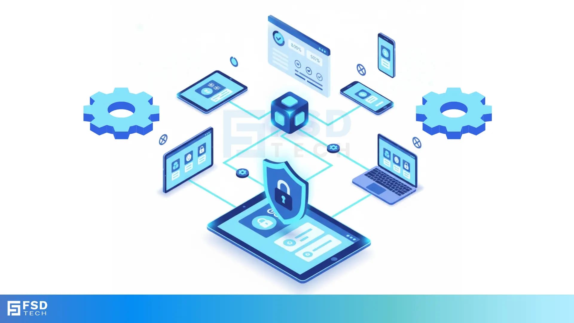 Isometric 3D illustration showing secure connected devices managed under Miradore Kiosk Mode. Features laptops, tablets, and smartphones linked through a centralized system with shield icons, gears, and data pathways representing remote control, app restriction, and compliance. Blue gradient background with FSD Tech logo at the bottom. SEO keywords: Miradore device management, Kiosk Mode automation, mobile security visualization, MDM dashboard, FSD Tech Miradore integration.
