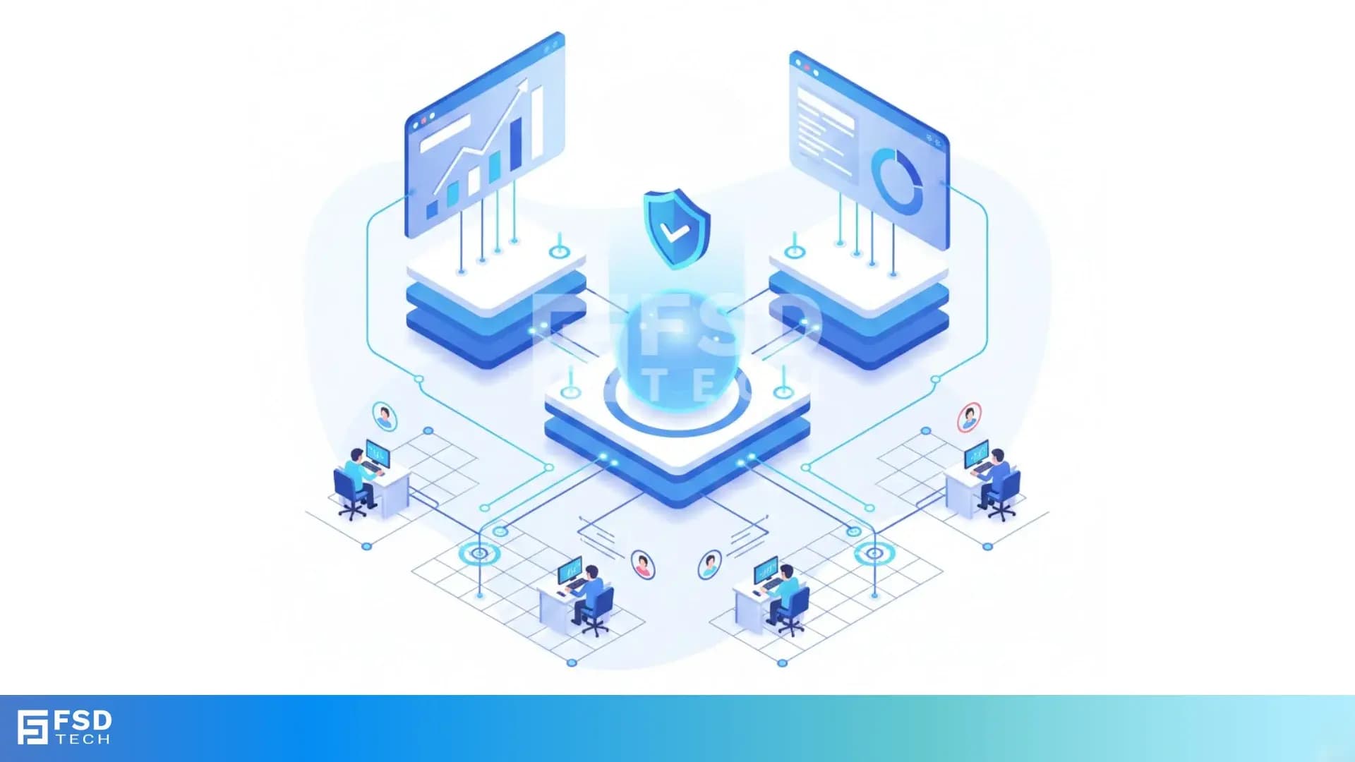 Isometric illustration of a centralized enterprise platform connecting analytics dashboards and distributed teams, representing structured governance, performance monitoring, and coordinated project execution across an organization.