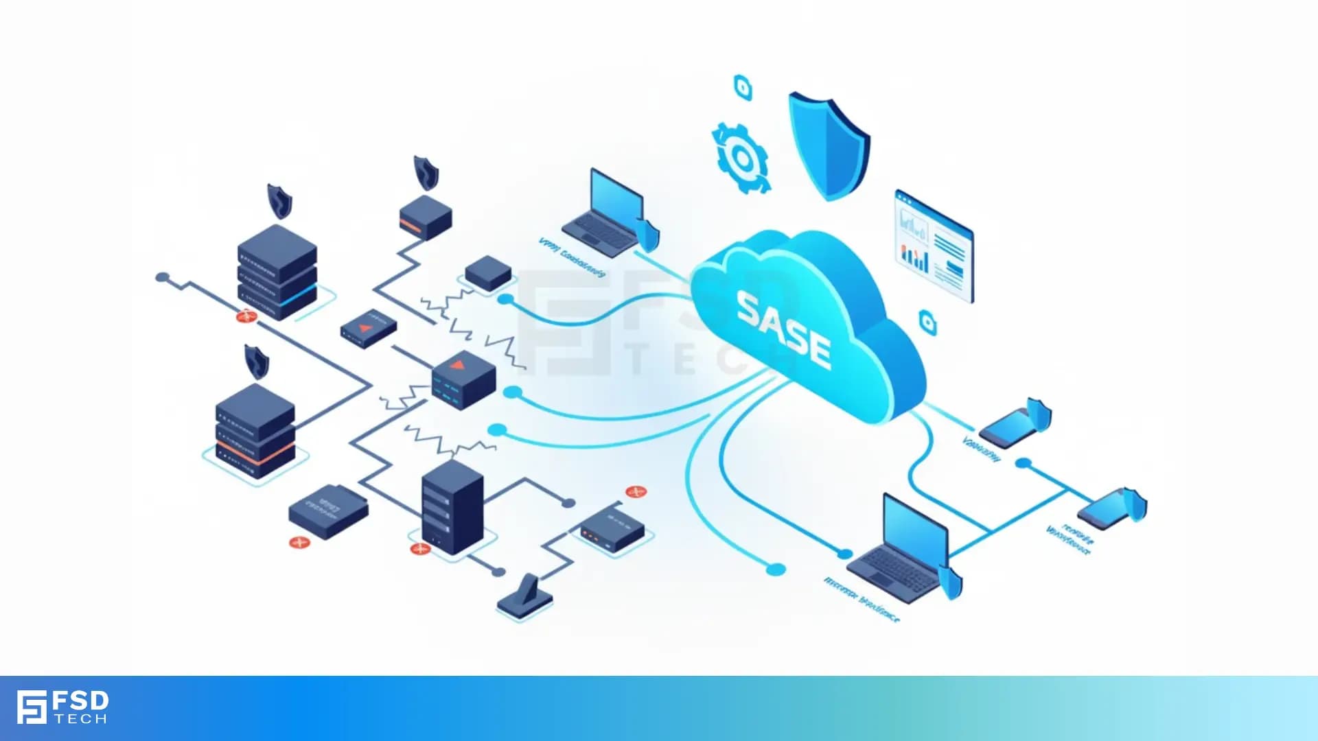 illustration of Cato SASE cloud architecture showing secure connectivity from servers, laptops, and endpoints into a unified cloud security platform, with FSD Tech branding.