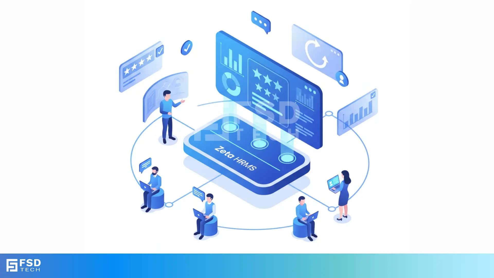 Isometric illustration of professionals using Zeta HRMS analytics dashboard. Depicts a digital platform connecting multiple users evaluating training performance data, charts, and progress indicators with a central Zeta HRMS interface, symbolizing collaboration and continuous feedback.