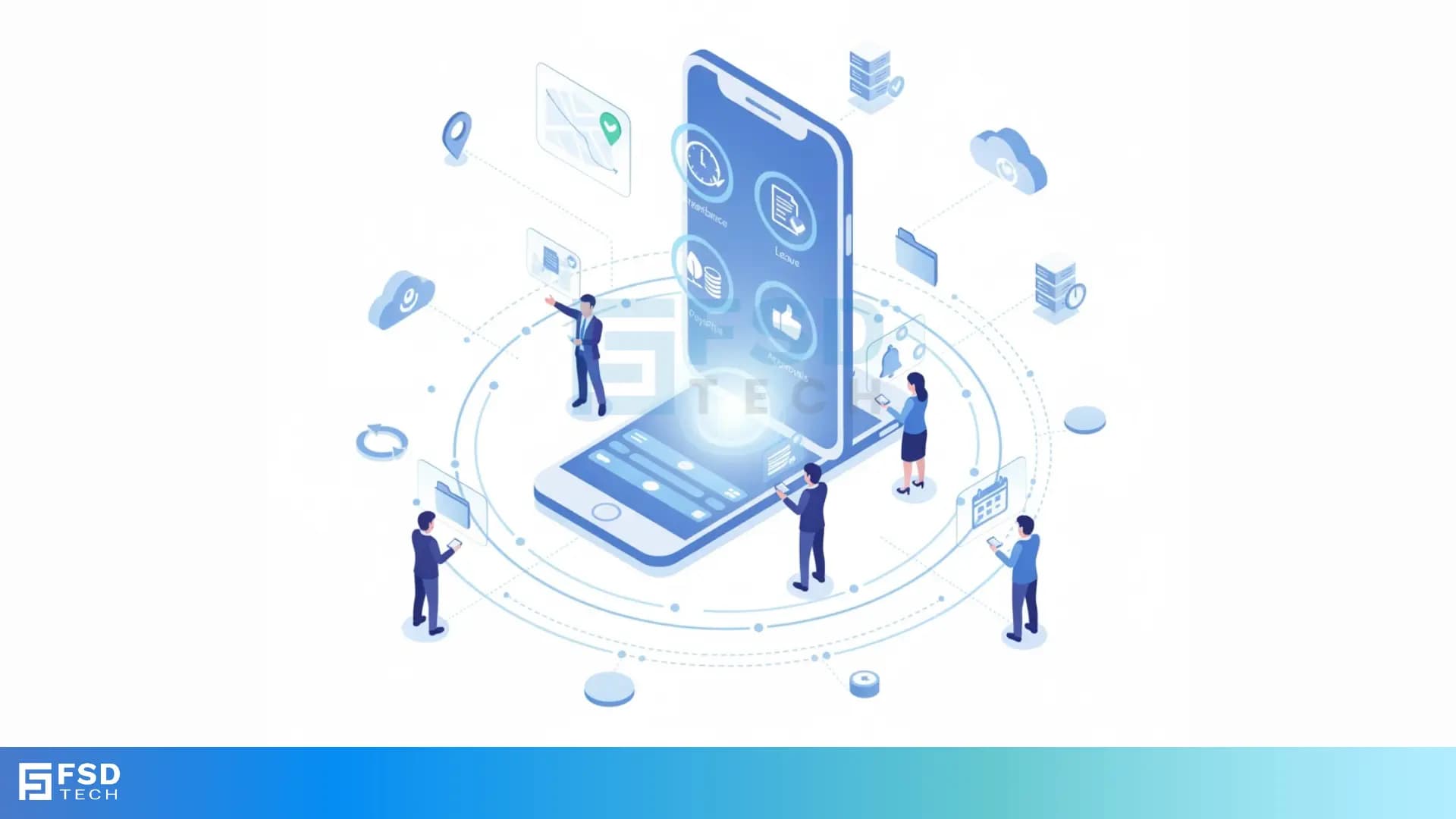 Zeta HRMS mobile app illustration showing cloud-based HR automation, mobile self-service, attendance tracking, approvals, payroll access, and secure HR operations for remote and field teams in the UAE.