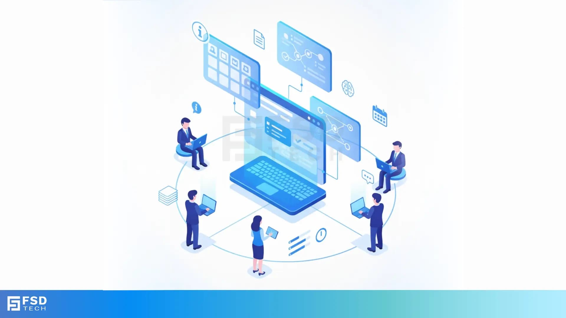 Isometric illustration of professionals collaborating around a central laptop interface showing ClickUp dashboards, workflows, and AI tools. Represents ClickUp’s ability to centralize training, automate documentation, and streamline knowledge sharing for teams
