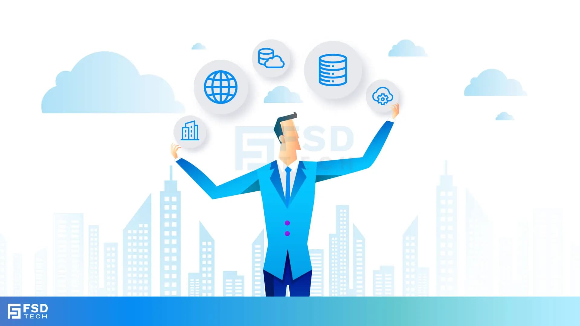 Illustration of a businessman balancing multiple cloud and network elements, including global connectivity, cloud storage, databases, and enterprise infrastructure, representing modern digital transformation and cloud-first networking solutions in GCC enterprises.