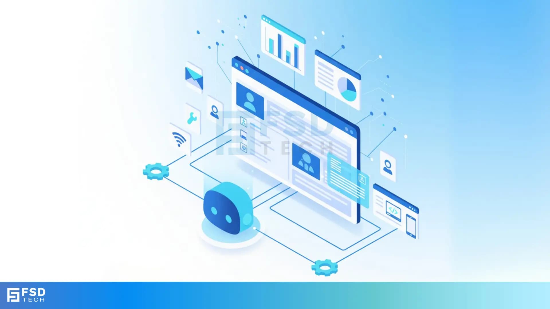 Futuristic illustration of Atera AI Copilot managing IT tickets through an intelligent dashboard. Shows AI bot connected to digital screens with charts, profiles, scripts, and network icons, symbolizing automation, analytics, and smarter IT service management.