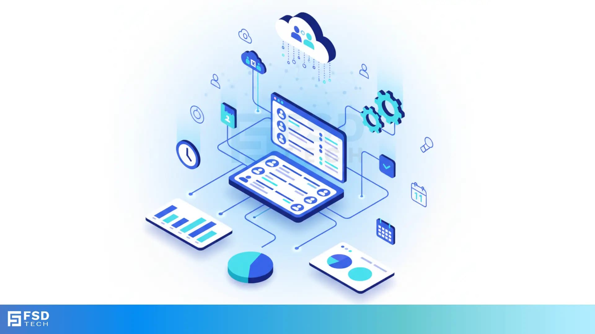 3D-style blue vector illustration showing Zeta HRMS workforce scheduling system. Depicts a connected digital workspace with laptop screens displaying employee schedules, clocks, charts, cloud icons, and automation gears — representing smart scheduling, real-time visibility, and cloud-based workforce management by Zeta HRMS.