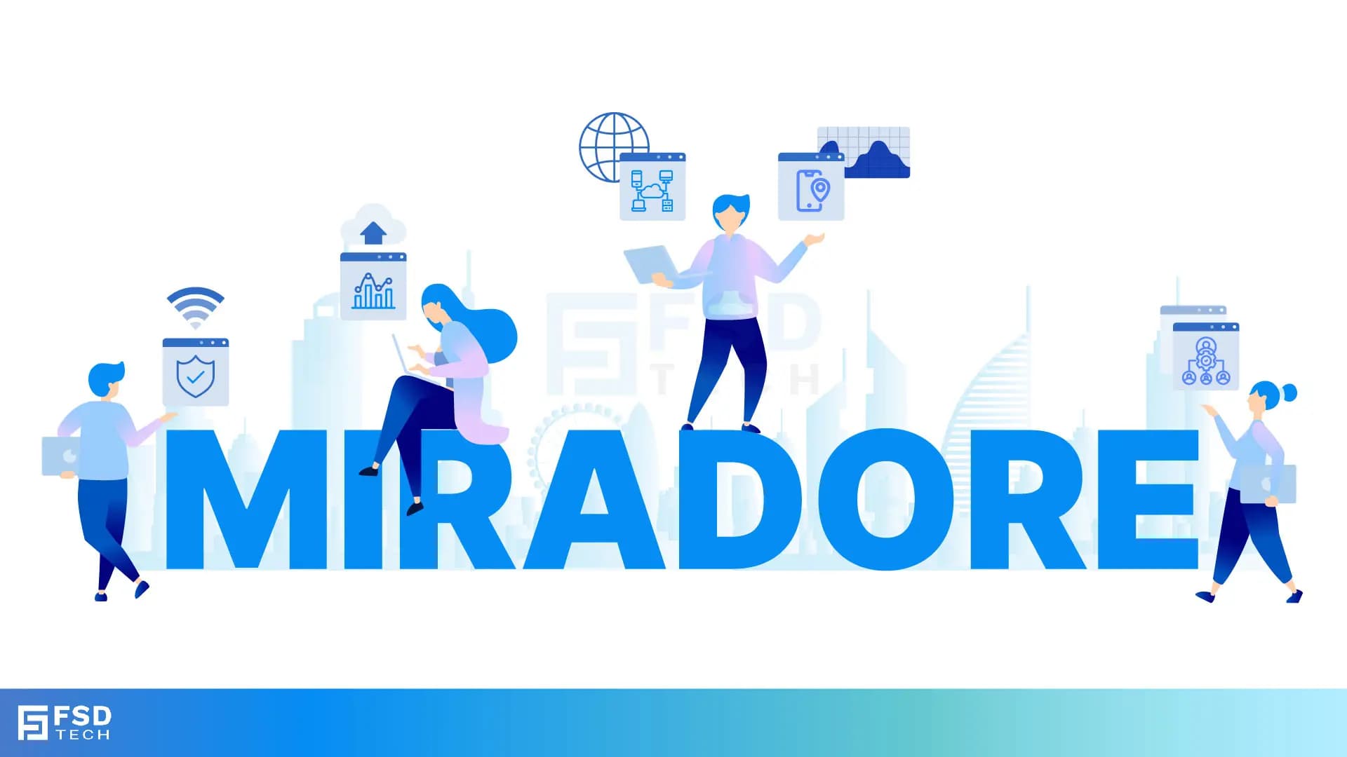 Miradore Device Management And Security Illustration Showing Cloud Management, Data Protection, Remote Device Control, And Endpoint Security Features. FSD Tech Visual Highlighting Unified IT Management And Remote Work Enablement With Miradore.