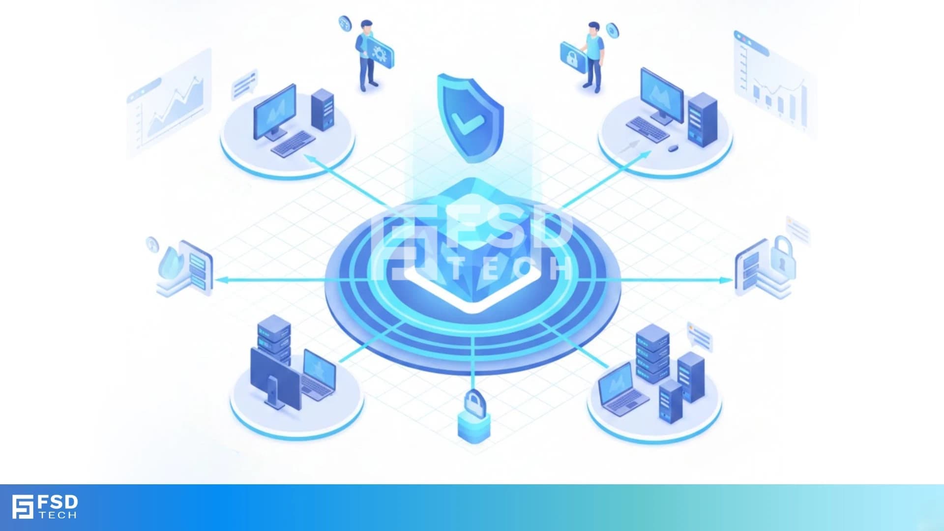 Isometric illustration showing a secure centralized remote access platform by FSD Tech, connecting multiple endpoints and servers through protected network pathways, symbolizing controlled access, Zero Trust security, and enterprise IT management.