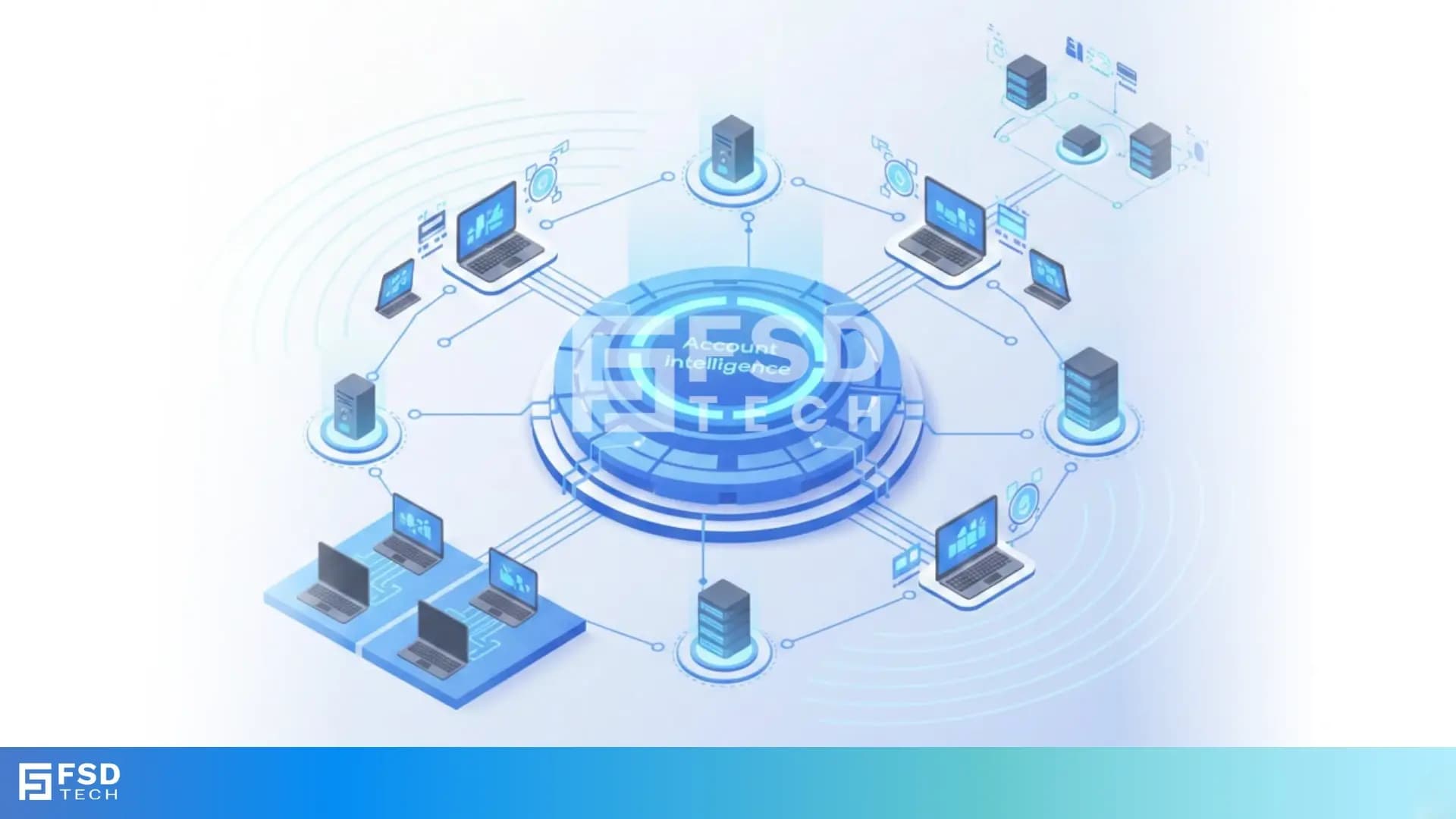 Isometric illustration of Account Intelligence as a central platform connecting laptops, servers, and network devices, representing real-time device visibility, lifecycle management, discovery of unmanaged assets, and synchronized inventory across IT environments.