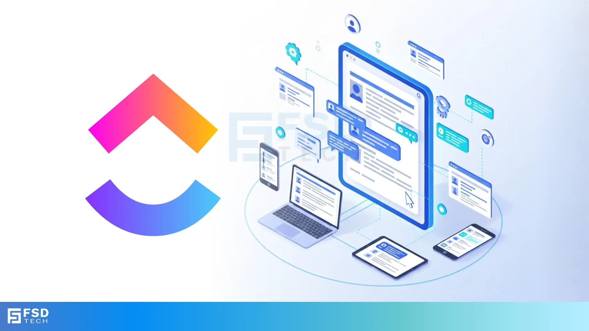 Isometric 3D illustration showing multiple devices — laptops, tablets, and smartphones — connected through a shared ClickUp Docs workspace. Displays collaboration bubbles, comment threads, and task integrations, symbolizing real-time document editing and teamwork across devices. Includes ClickUp’s colorful gradient logo on a white background with FSD Tech branding below. SEO keywords: ClickUp workspace, real-time document collaboration, ClickUp Docs visualization, FSD Tech ClickUp, cloud-based document management.