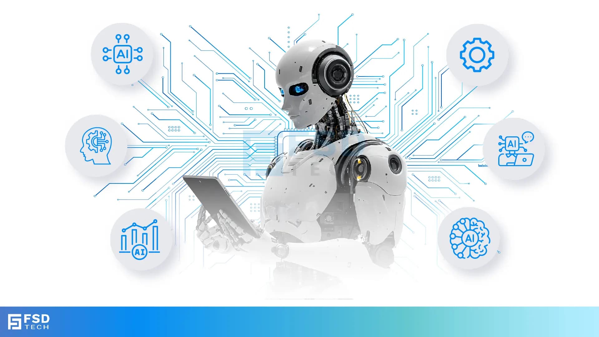 Futuristic humanoid robot using a tablet, surrounded by AI technology icons including machine learning, automation, data analytics, and neural networks, with digital circuit lines in the background – FSD Tech