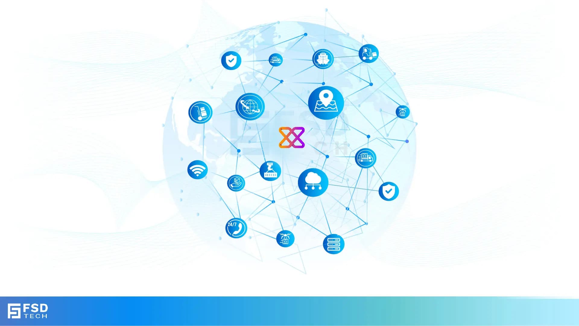 An abstract illustration of a global supply chain network. A stylized globe is at the center, surrounded by a web of interconnected icons representing various elements of logistics and cybersecurity. Icons include a phone, shield, location pin, server, drone, and a cloud. A colorful, intertwined 'X' symbol is at the center, representing data or network flow.