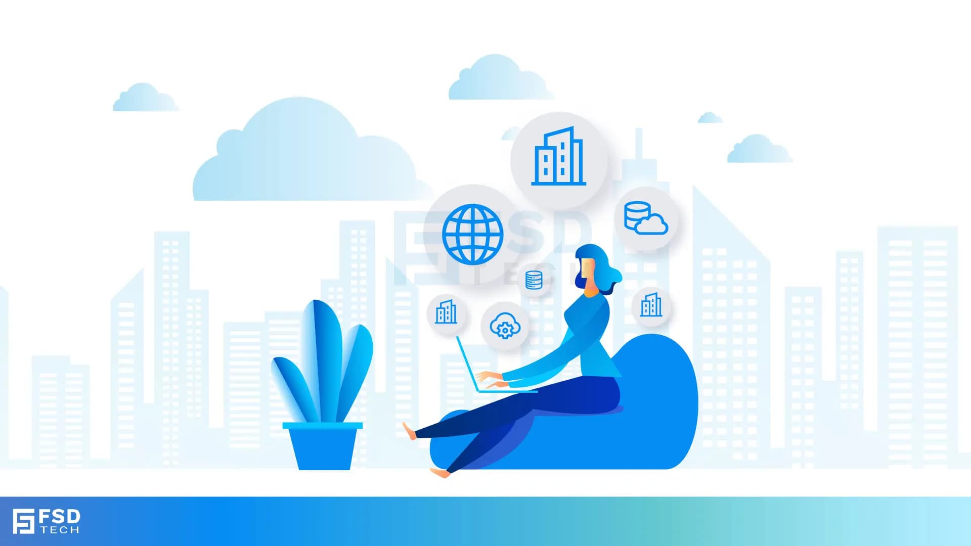 Illustration of a business professional using cloud technology and global connectivity solutions, representing digital transformation with FSD Tech.
