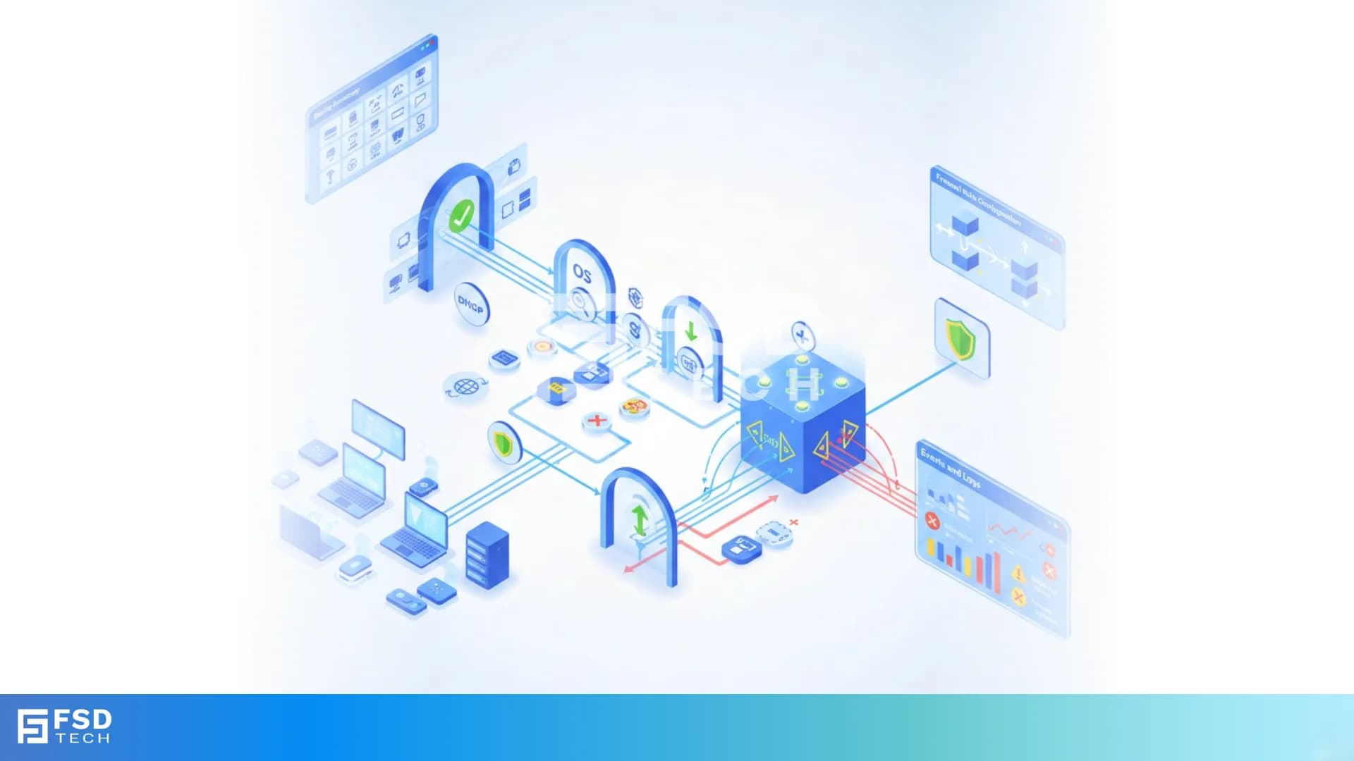 Isometric diagram showing Cato SASE troubleshooting workflow where device inventory, DHCP mapping, posture validation, and firewall event logs are analyzed to diagnose device-based rule enforcement issues.