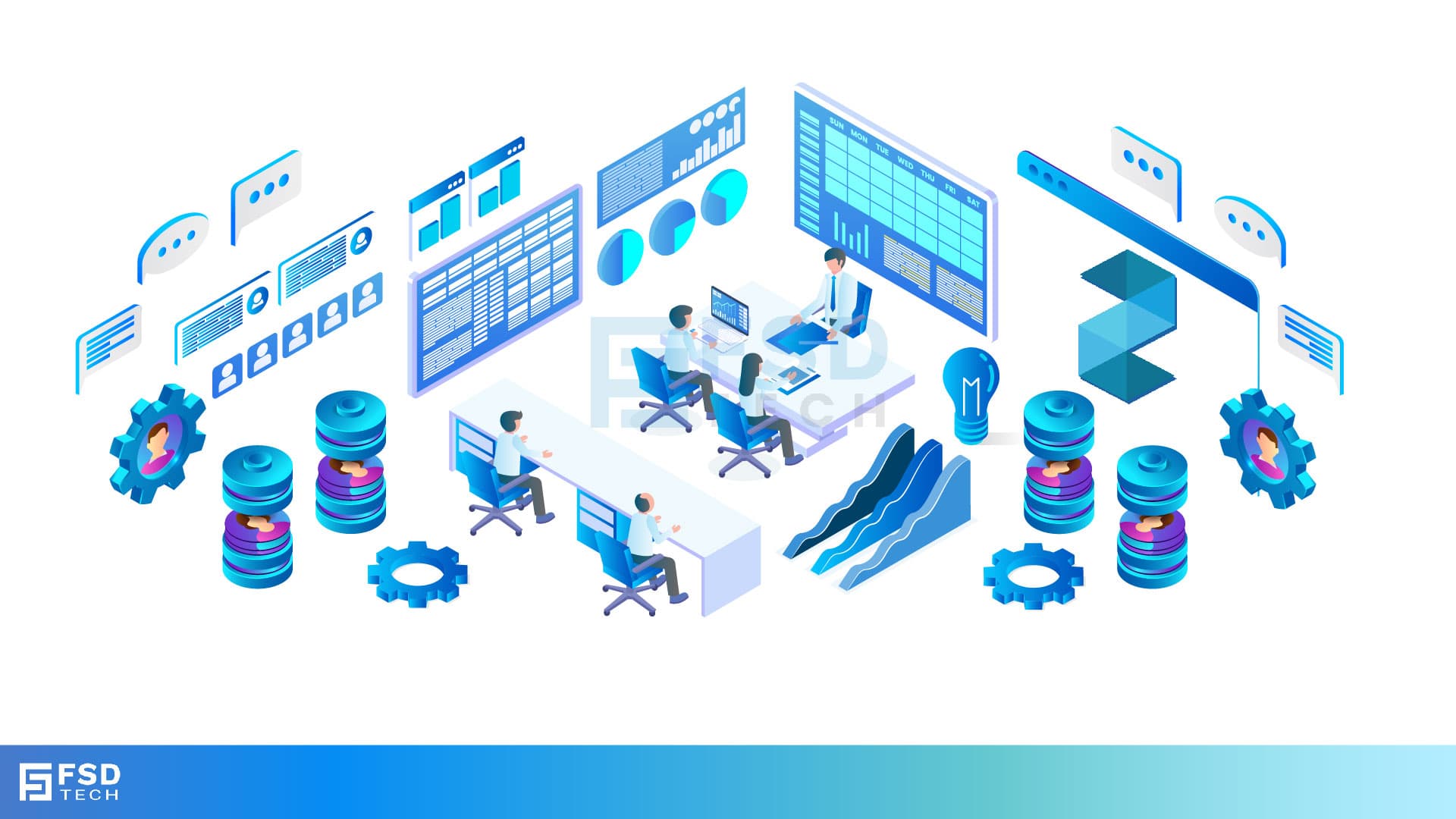 Illustration of HR professionals using Zeta HRMS integrated with third-party systems including dashboards, databases, and automation tools for streamlined HR operations.