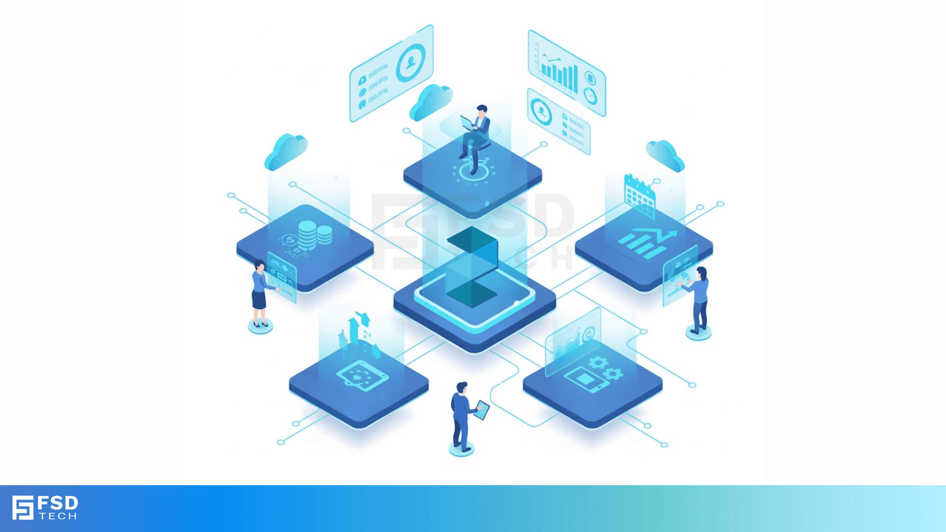 Isometric illustration showing Zeta HRMS modules interconnected—payroll, analytics, workforce planning, performance, and cloud-based HR operations—demonstrating an integrated digital HR ecosystem.