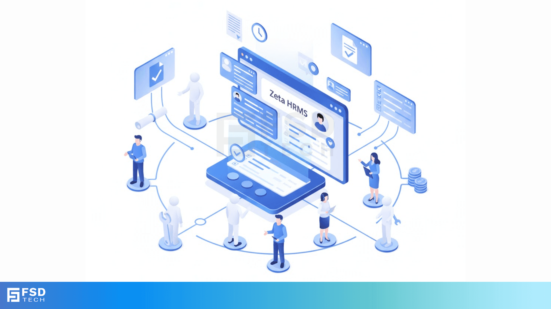 Isometric illustration of Zeta HRMS contractor management system showing digital profiles, approval workflows, connected teams, compliance checks, time tracking, and centralized project coordination