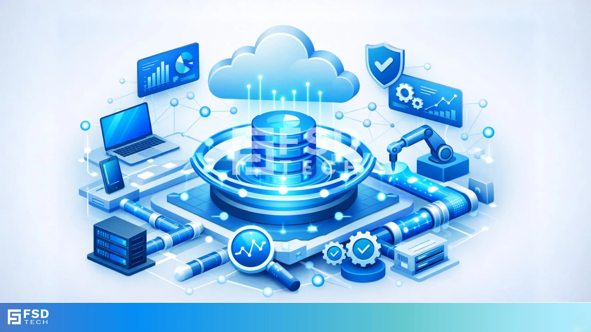 Illustration showing cloud-based endpoint intelligence with connected devices, real-time analytics, security controls, and policy enforcement powered by the Cato Device Dashboard.