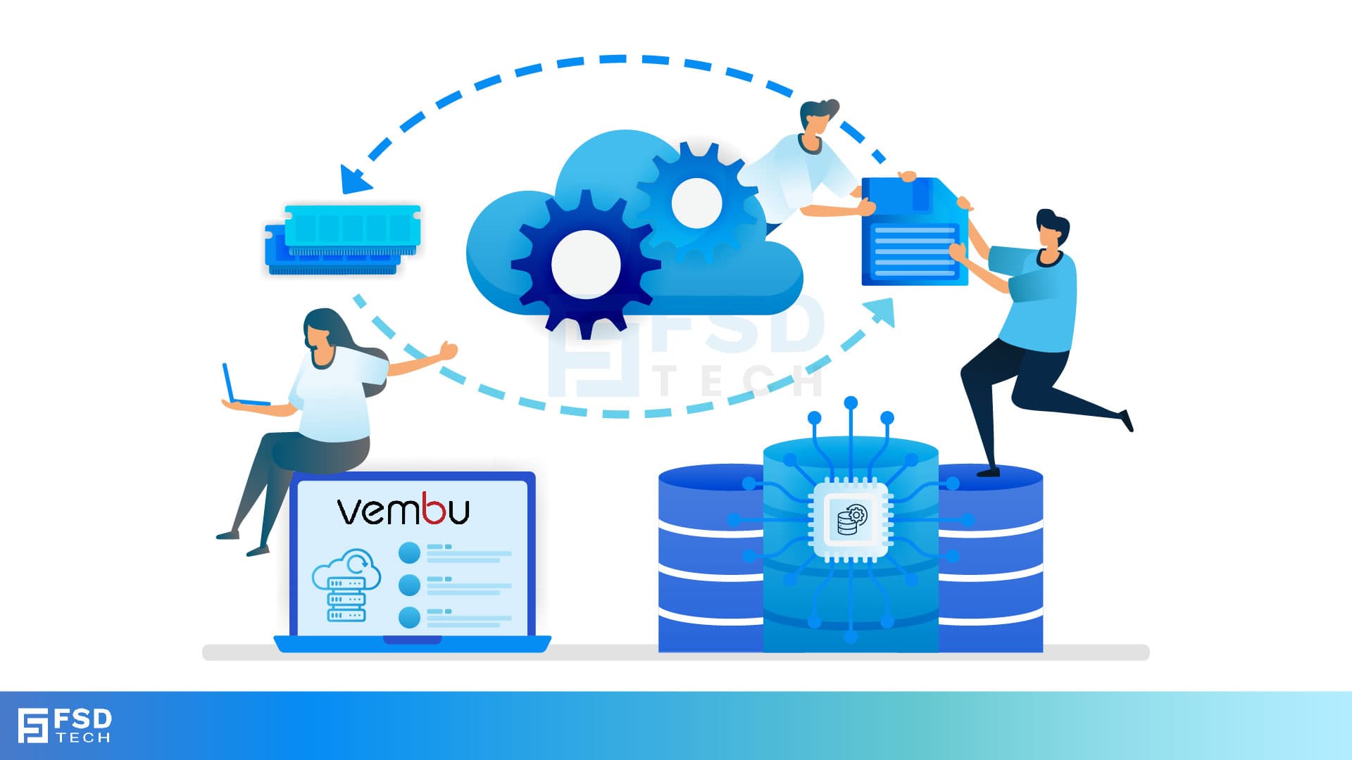 Illustration showing Vembu cloud backup automation with people managing files, cloud storage gears, servers, and data protection icons for immutable and ransomware-proof backups.