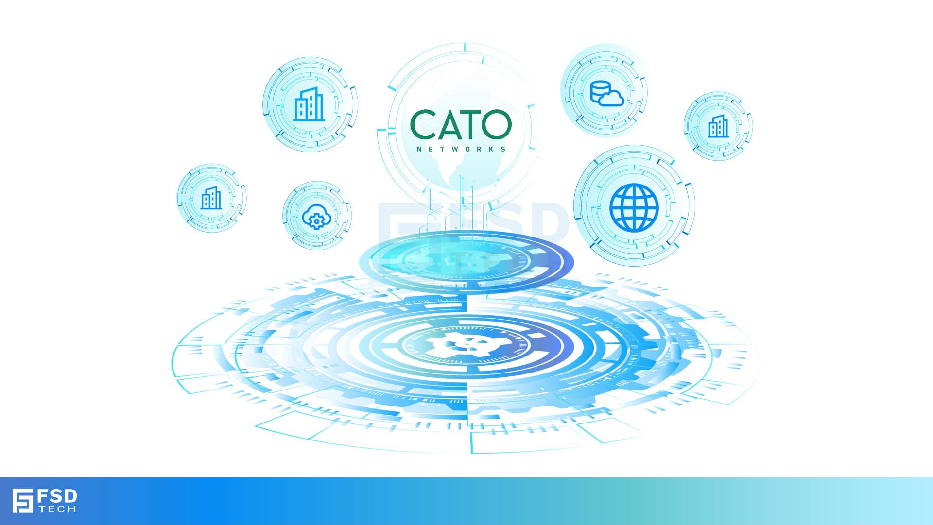 Illustration of Cato Networks digital platform with global connectivity, cloud, database, and enterprise network icons for secure SASE integration.