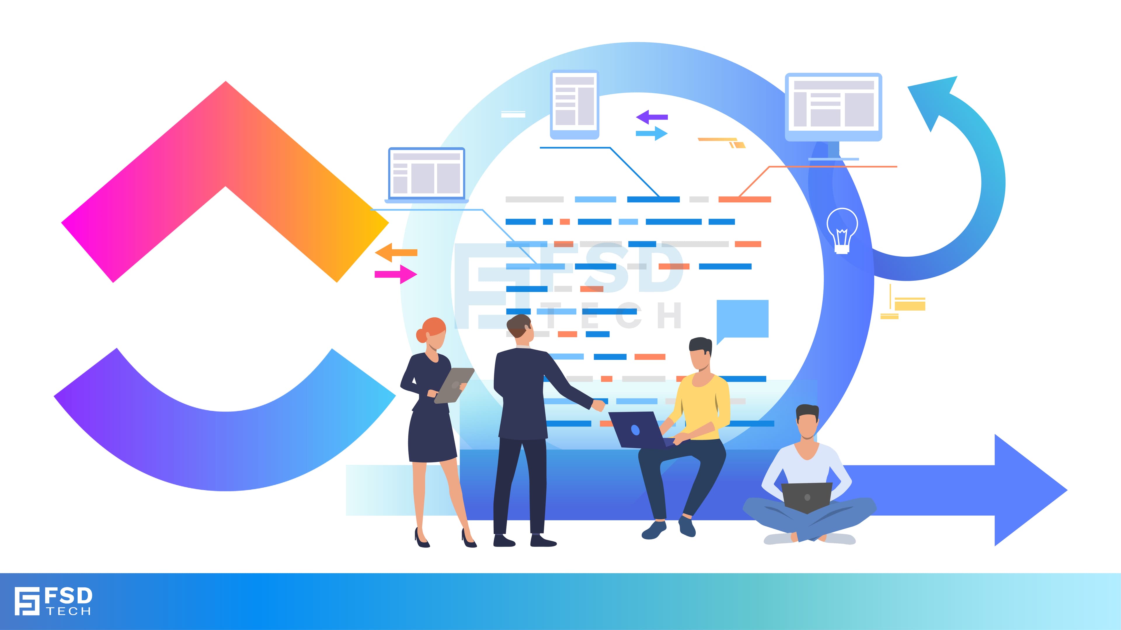 Illustration of agile workflow with ClickUp logo in gradient colors. Team members collaborate on tasks, analyze data, and present ideas against a backdrop of arrows and icons symbolizing iterative sprints, progress tracking, and continuous improvement in agile project management.
