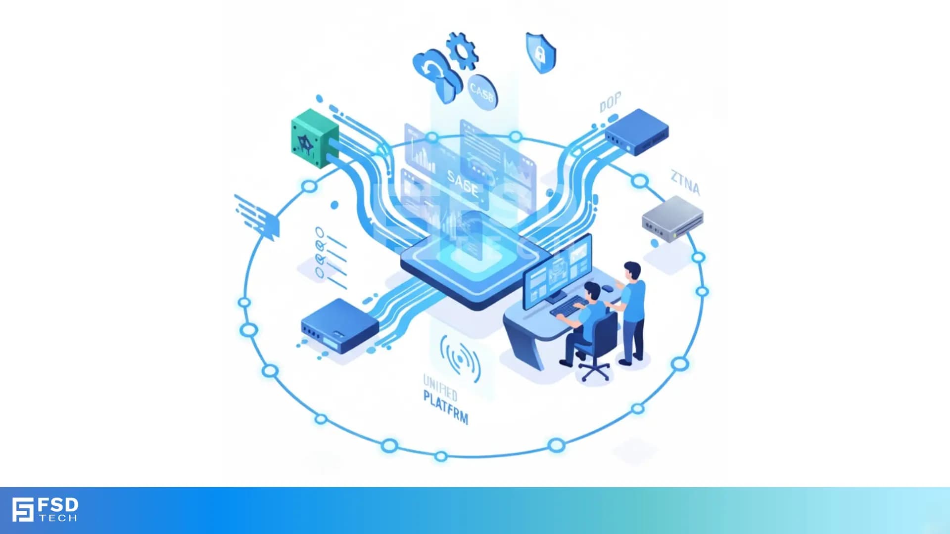Isometric illustration showing a unified Cato SASE platform with SD-WAN, ZTNA, CASB, DLP, and security tools connected through a central cloud engine. IT admins monitor dashboards at a workstation while multiple network and security components integrate through a single platform. Blue tech-themed design with connected devices and security icons.