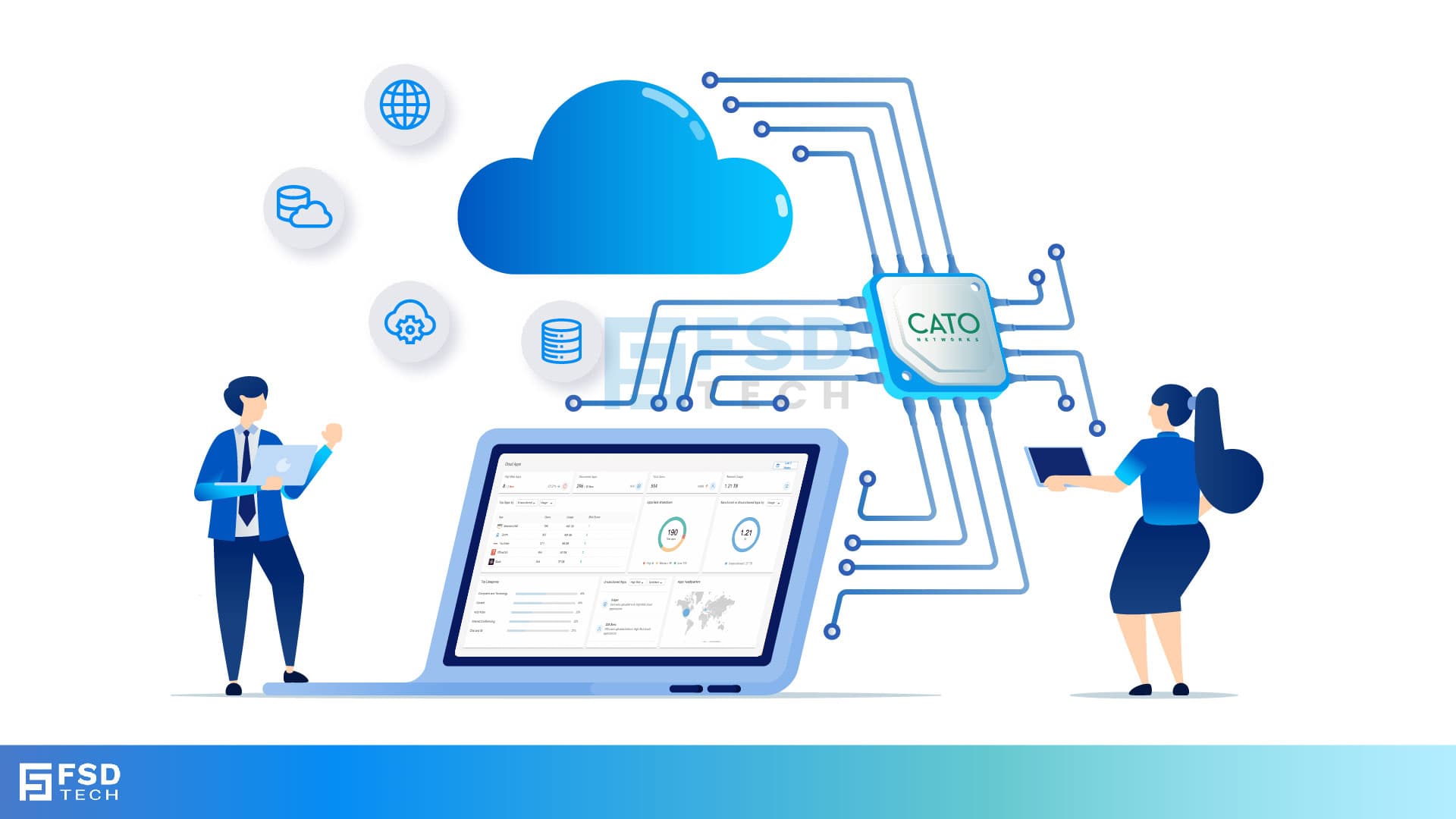 Illustration of a secure cloud firewall setup with a central Cato Networks chip connected to multiple endpoints, laptops, and data icons