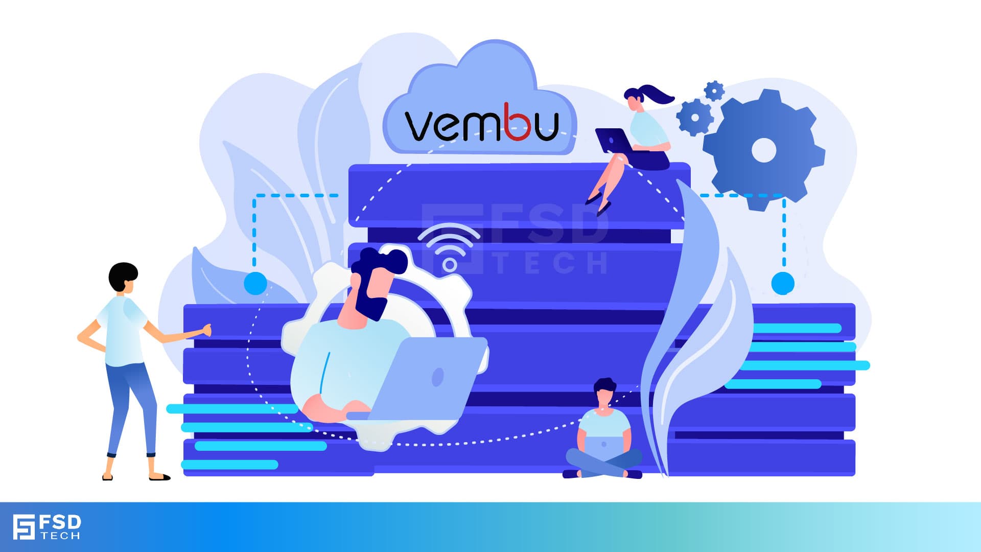 Illustration of Vembu cloud backup with people working around cloud storage servers, gears, and connectivity icons, symbolizing secure data backup and disaster recovery solutions.