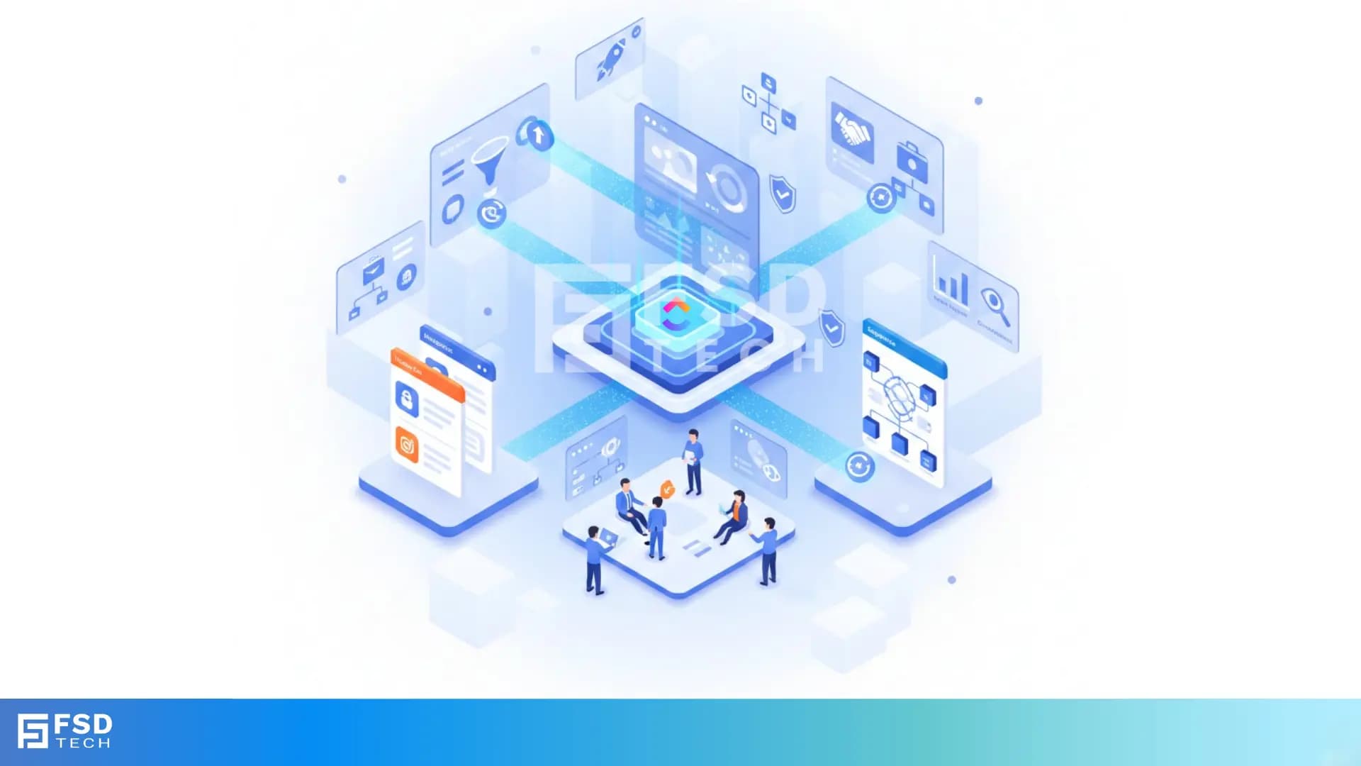Isometric illustration representing ClickUp integration with multiple business tools, showing connected dashboards, workflows, analytics, and team collaboration to enable unified CRM and project management for UAE organizations.