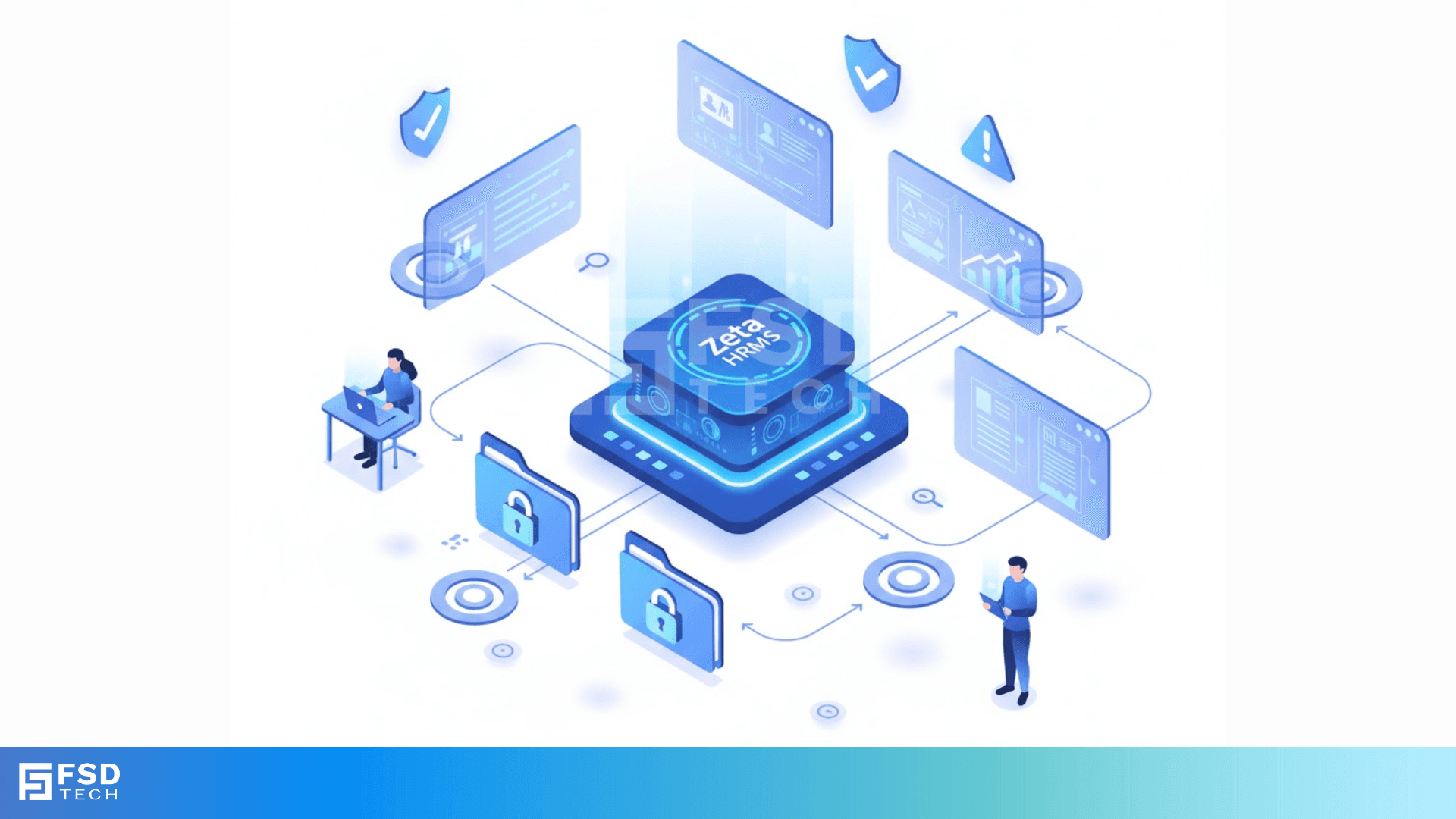 Illustration showing Zeta HRMS as a centralized, secure HR compliance platform. Displays connected modules for audit trails, document security, dashboards, approvals, and employee access, with lock icons, data panels, and users interacting digitally. Represents automated compliance, secure data flow, and audit readiness. FSD Tech branding visible at the bottom.