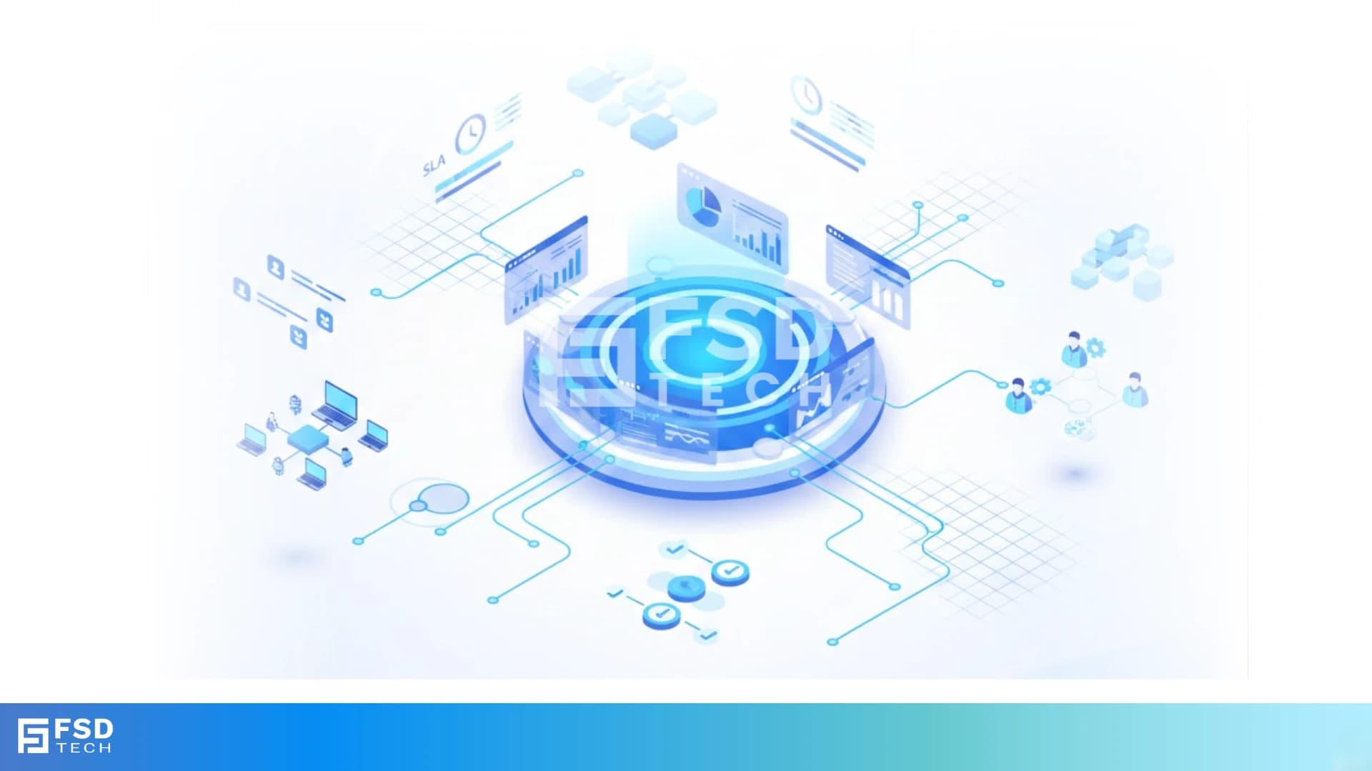 Isometric illustration of Atera operational reporting platform with centralized dashboards, SLA metrics, device data, and automated workflows connected into a single IT operations view.