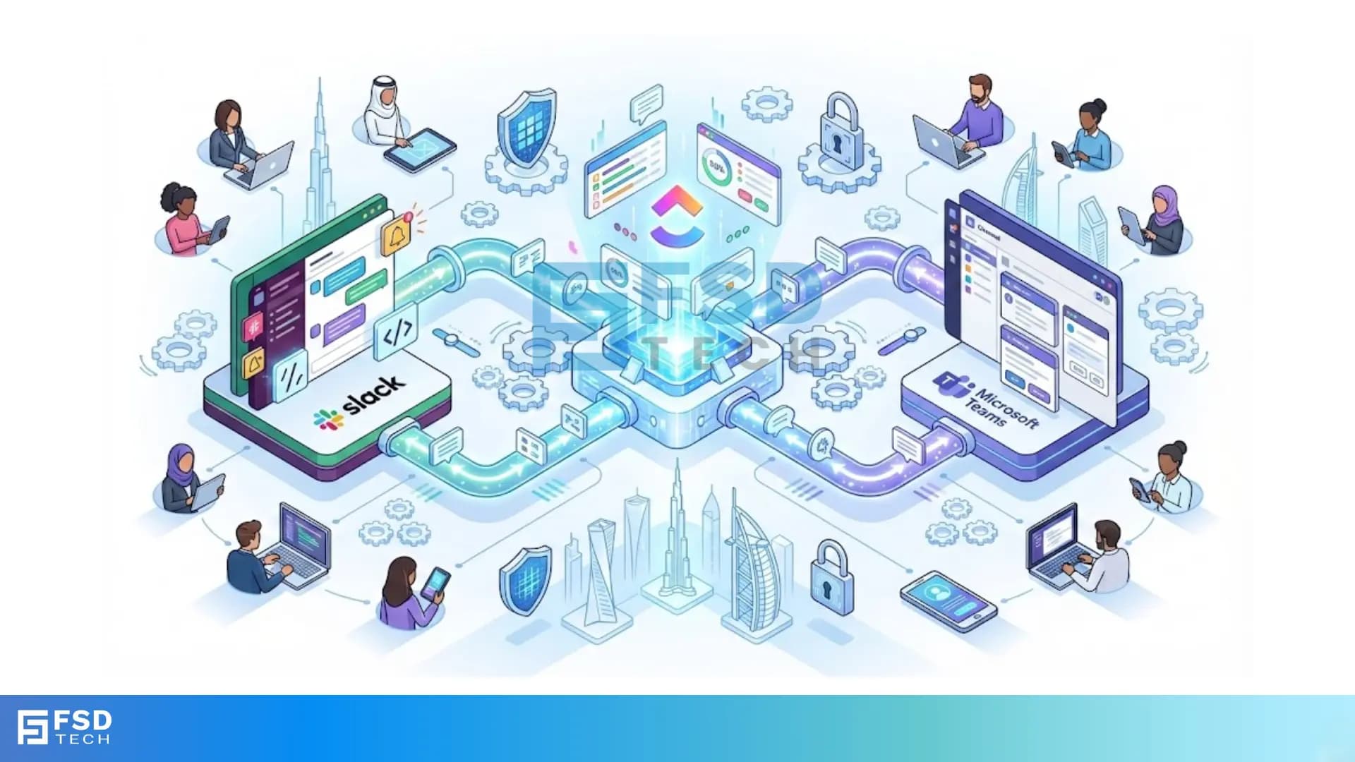 Illustration showing ClickUp connected with Slack and Microsoft Teams, enabling real-time collaboration, automated task creation, secure workflows, and centralized communication for distributed teams.