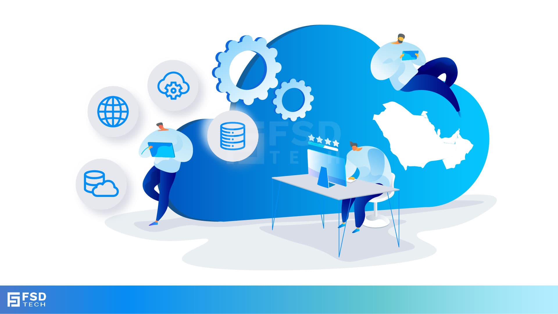 FSD Tech illustration showing professionals working with cloud infrastructure. Icons represent global networking, cloud automation, and data security with a GCC map in the background, emphasizing cloud-native and SASE adoption in the UAE