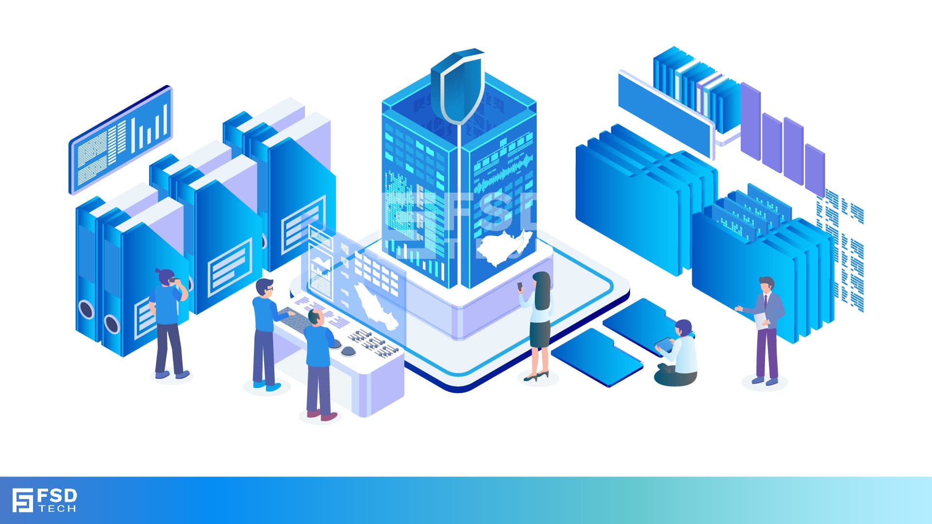 Illustration of secure digital infrastructure with teams managing cybersecurity and cloud data in the GCC region
