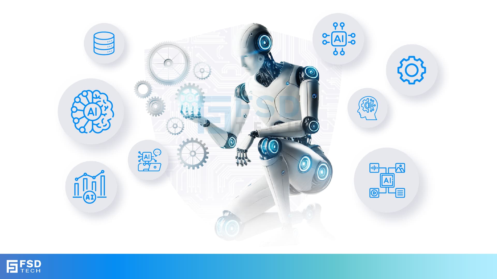 PointGuard AI humanoid robot kneeling and holding glowing gears, surrounded by circular AI icons for data, analytics, machine learning, automation, and governance.