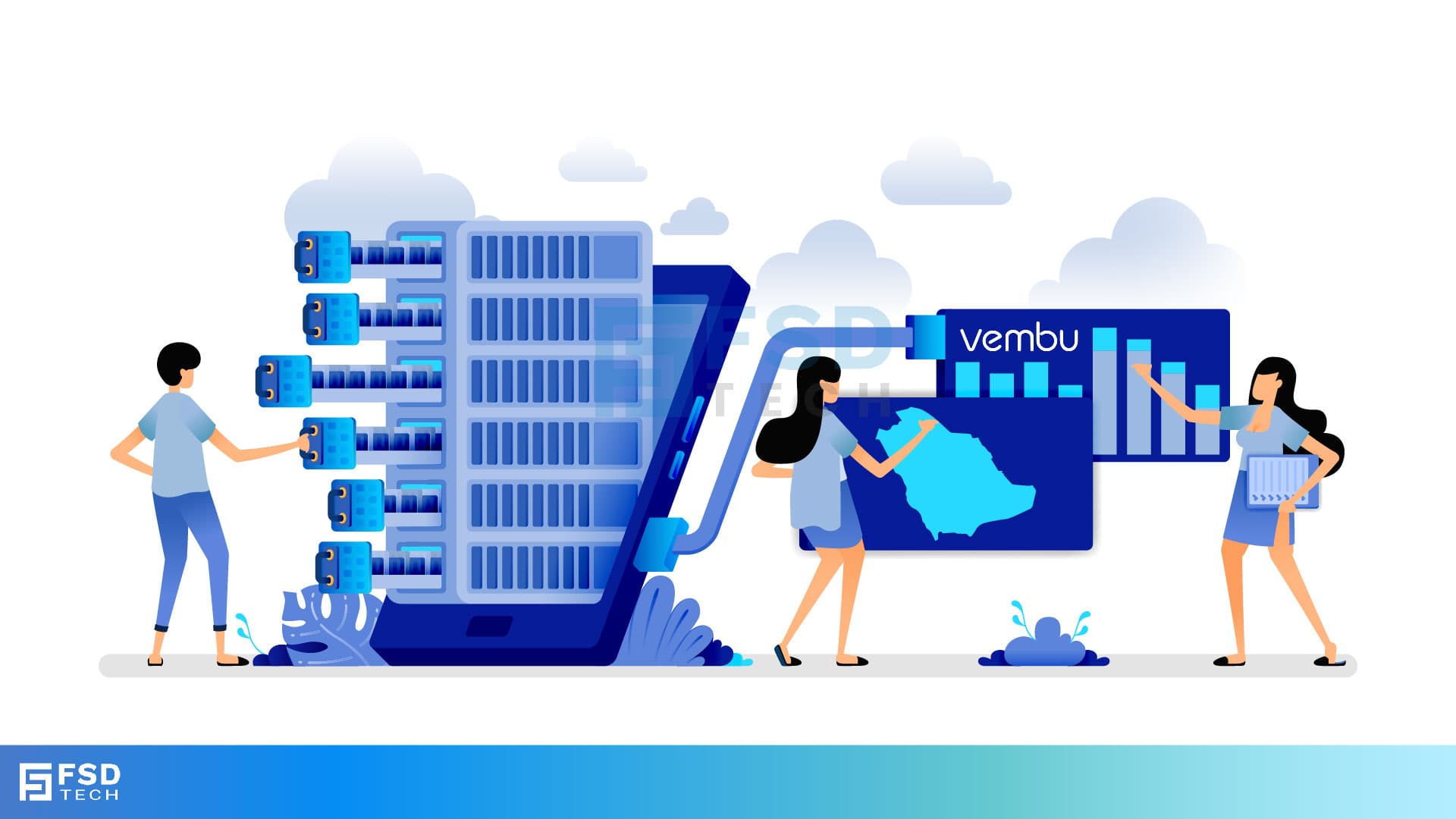 Vector illustration of cloud backup and data protection system by FSD Tech, showing servers, storage, analytics, and IT professionals managing Vembu data recovery solutions.