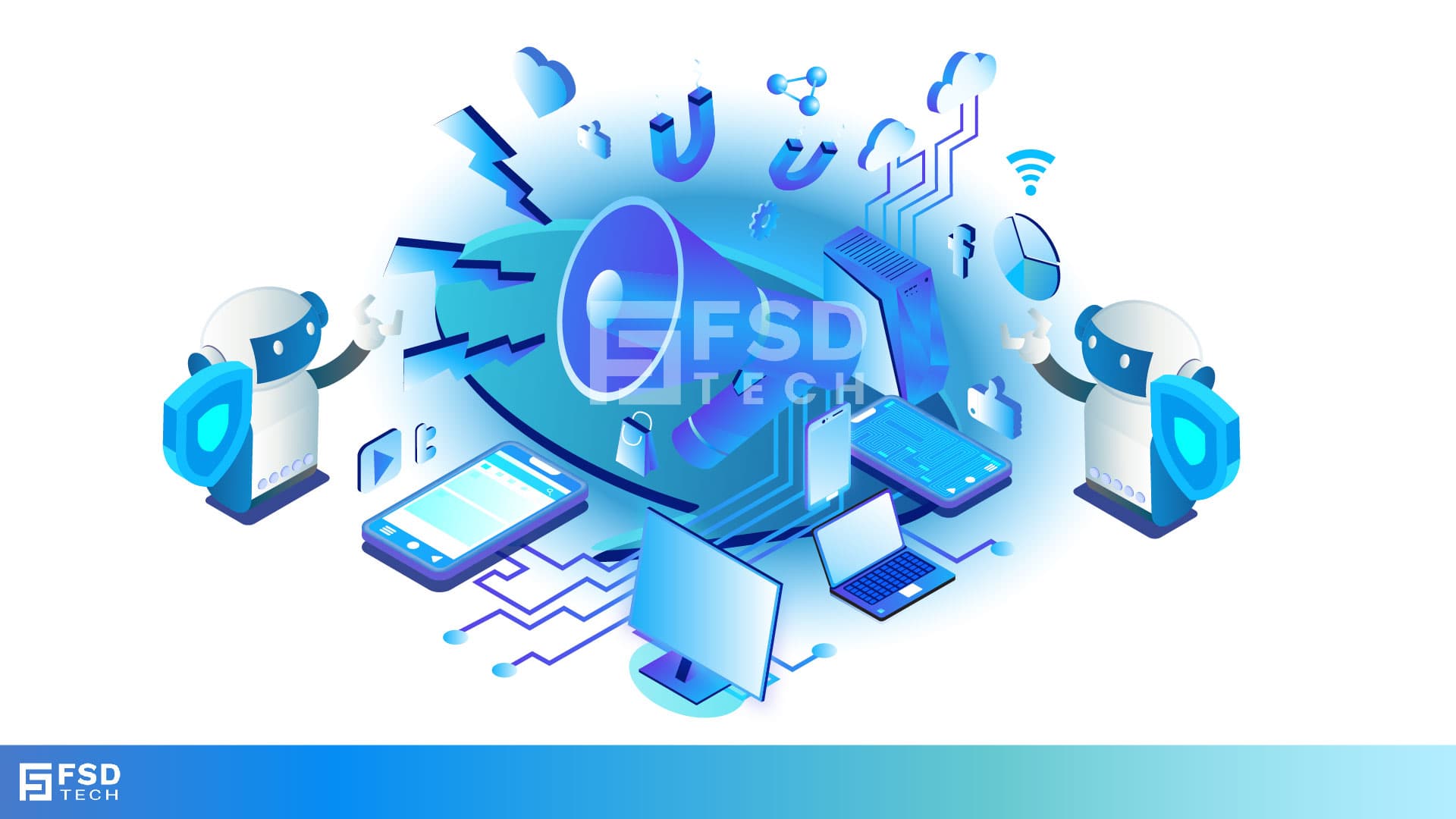 Visual representation of Atera alert management featuring AI-powered robots, IT devices, and automation icons, symbolizing intelligent incident response and centralized monitoring.