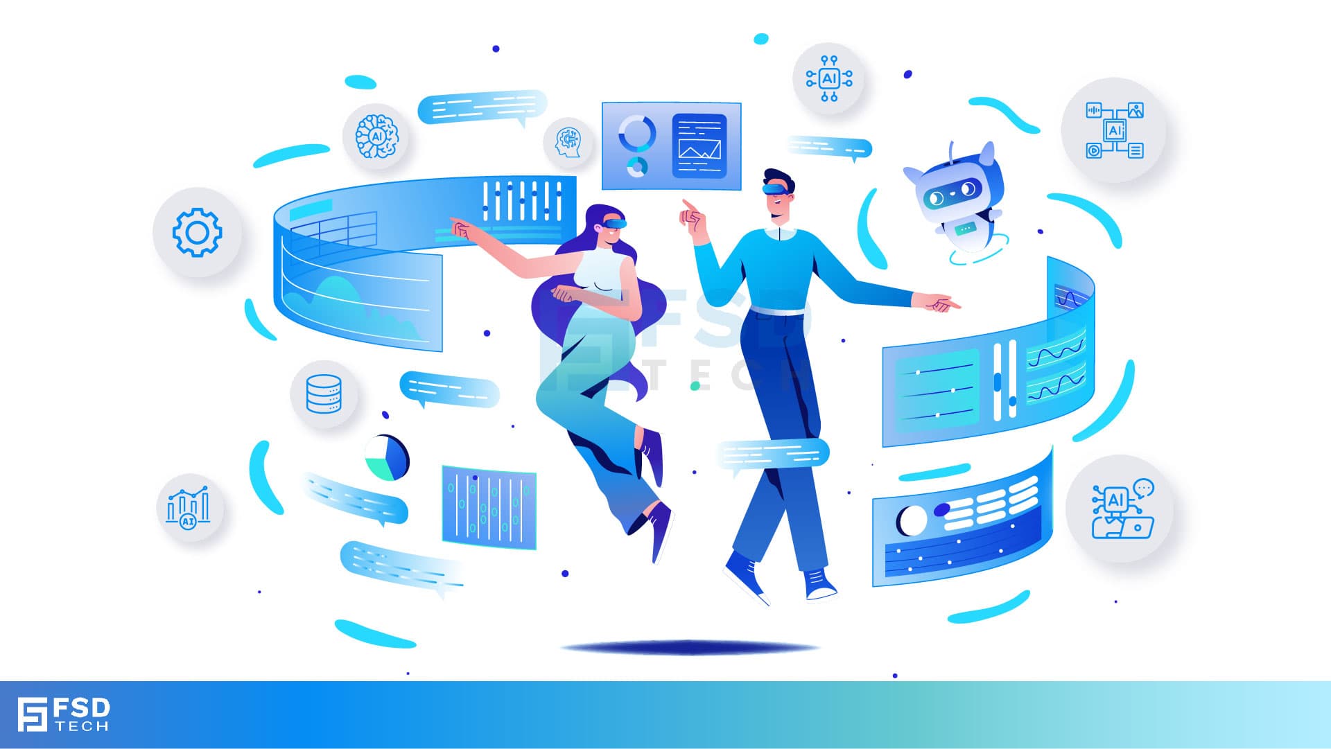 Illustration of professionals using AI, data dashboards, and virtual assistants, symbolizing responsible AI adoption and advanced analytics.