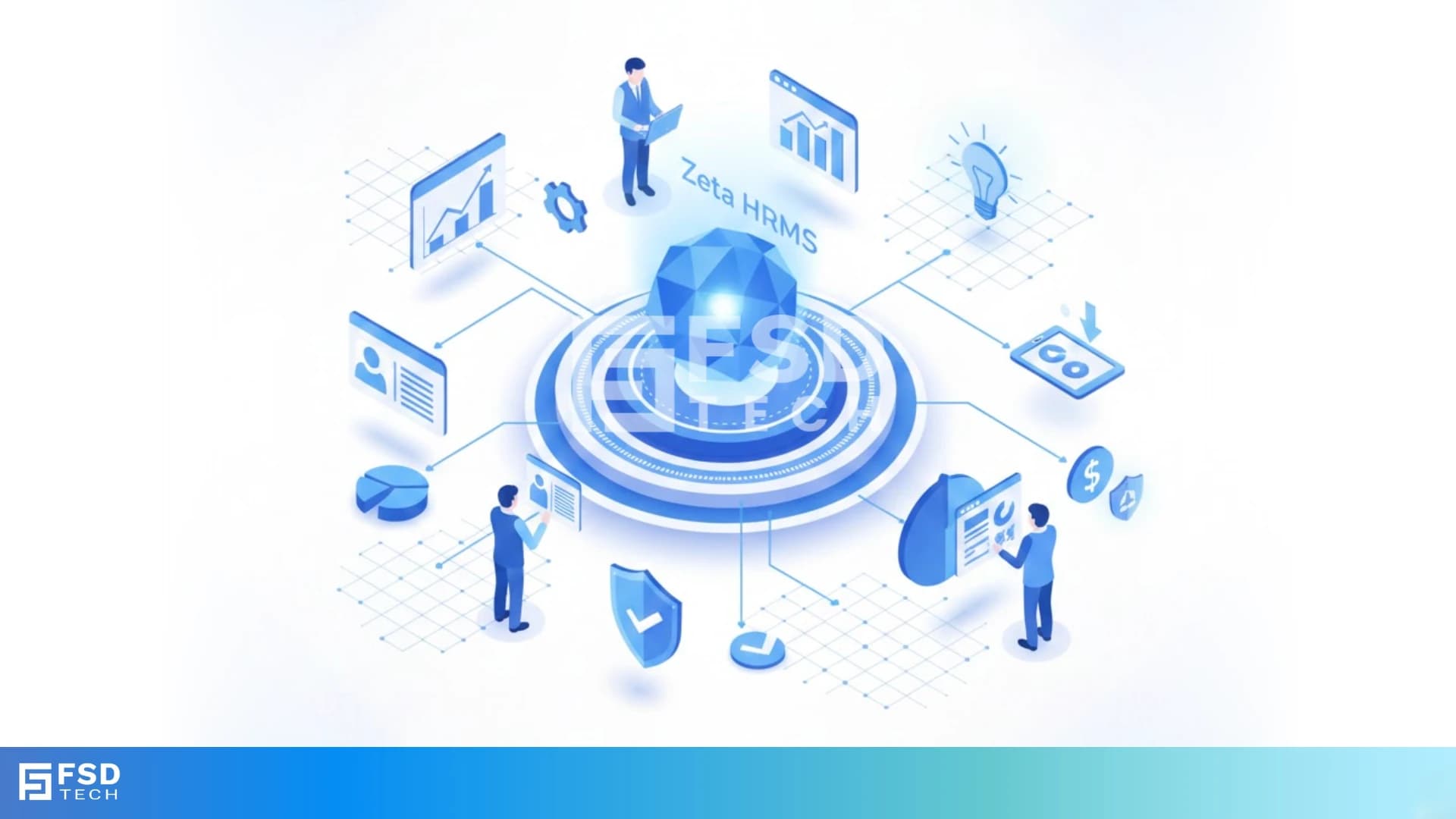 Isometric illustration of Zeta HRMS as a centralized HR system connecting employees, teams, documents, and secure workflows to enable standardized HR operations across departments