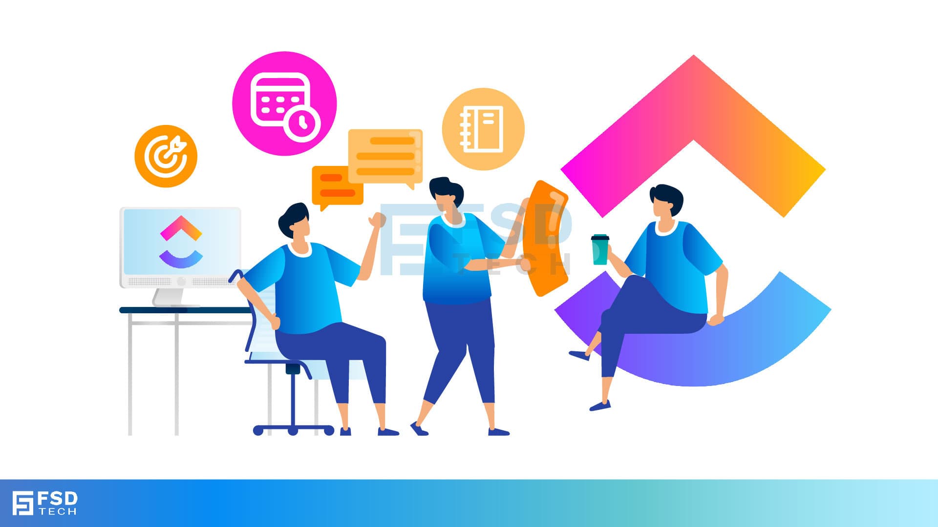 llustration of team members collaborating around ClickUp tools, with icons representing meeting agendas, scheduling, task tracking, and communication—highlighting streamlined meeting management with ClickUp.