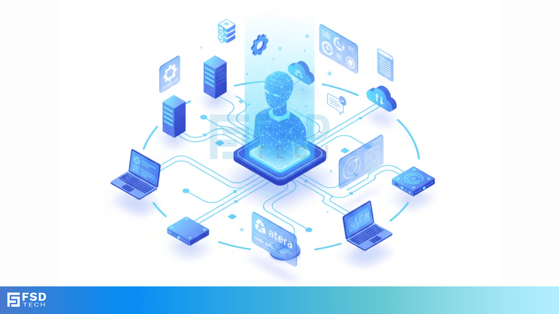 A 3D isometric illustration showing an AI holographic human figure emerging from a tablet at the center, surrounded by interconnected laptops, cloud icons, databases, dashboards, and gear symbols representing automation and monitoring. The scene conveys Atera’s AI-powered IT ecosystem connecting devices, servers, and analytics tools through a unified automation network. The artwork uses blue gradient tones with white background and FSD Tech branding at the bottom.