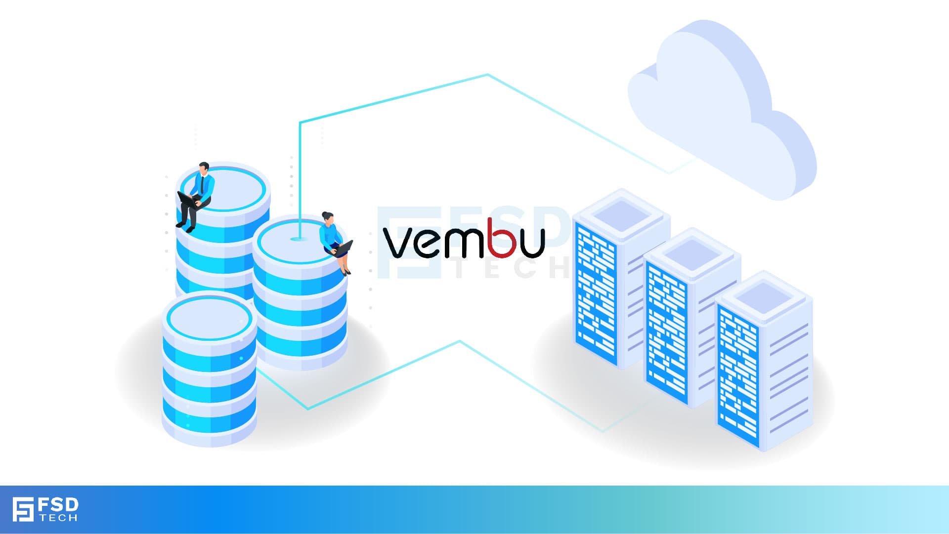 Illustration showing data being backed up from two on-premise servers to the Vembu cloud, with two people sitting on the servers and looking at laptops. The image visually represents the concept of offsite data backup to a remote cloud location.