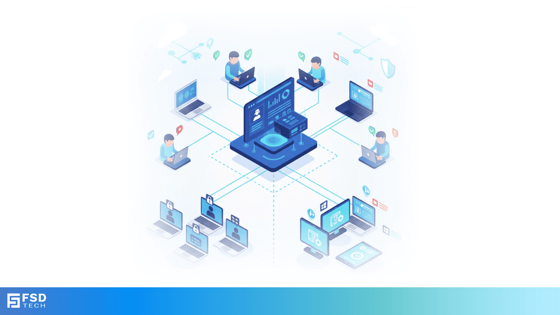 Isometric illustration showing a secure network of employees connected to a central management dashboard via laptops and cloud systems, representing unified BYOD and shared device control in an enterprise environment.